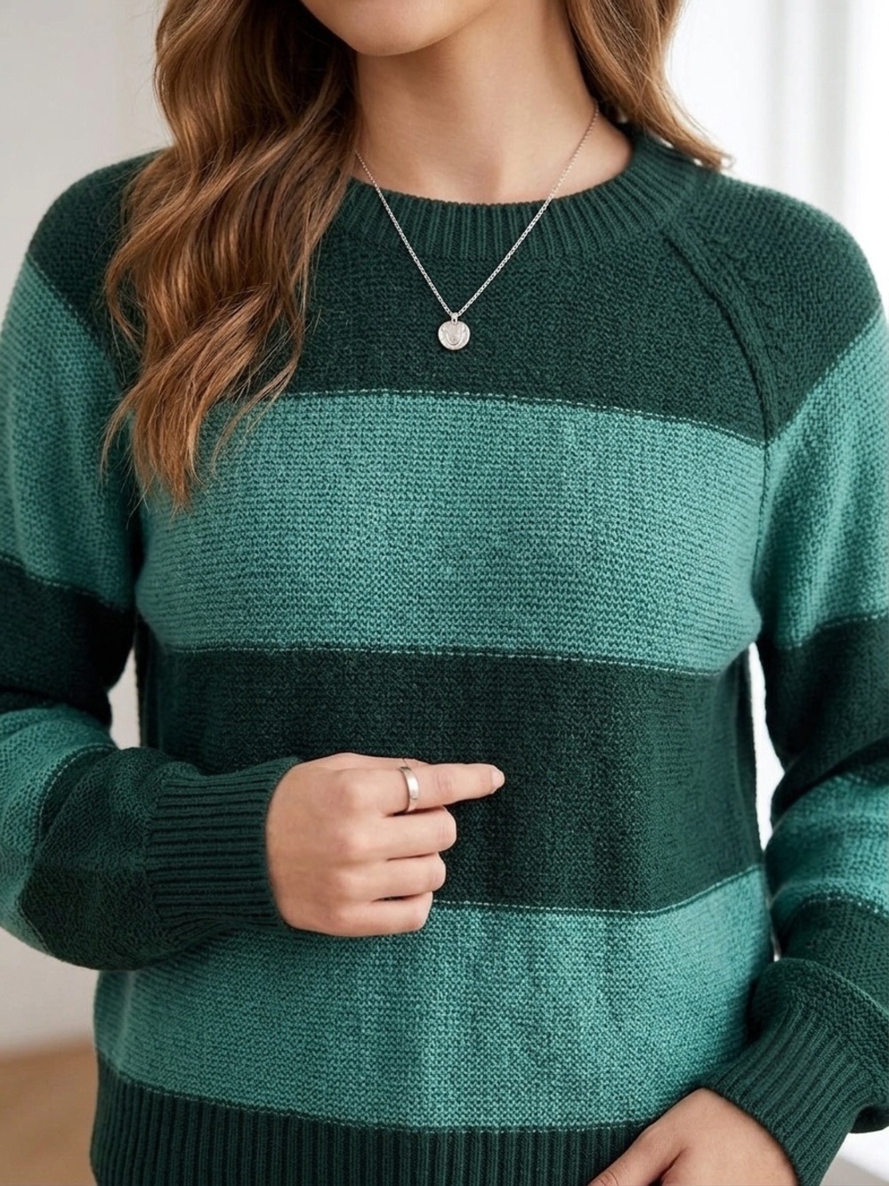 American Eagle Striped Pullover Crew Casual Sweater Dark & Mint Green Size XS